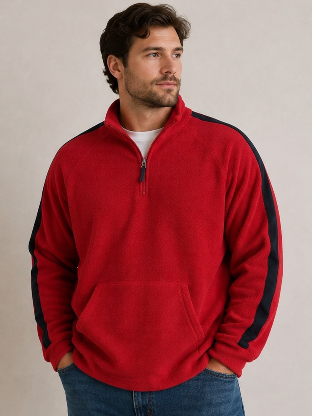 GAP Red Half-Zip Fleece Pullover with Black Sleeve Stripes - Men Size XXL